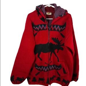Earth Ragz Jacket Red Cabincore Moose Women XL Full Zip Hooded Handmade Equador